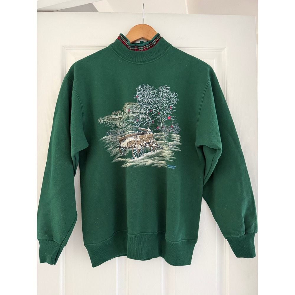 Vintage Winter Holiday Green Crewneck Sweatshirt Landscape Art Grandma Cottage